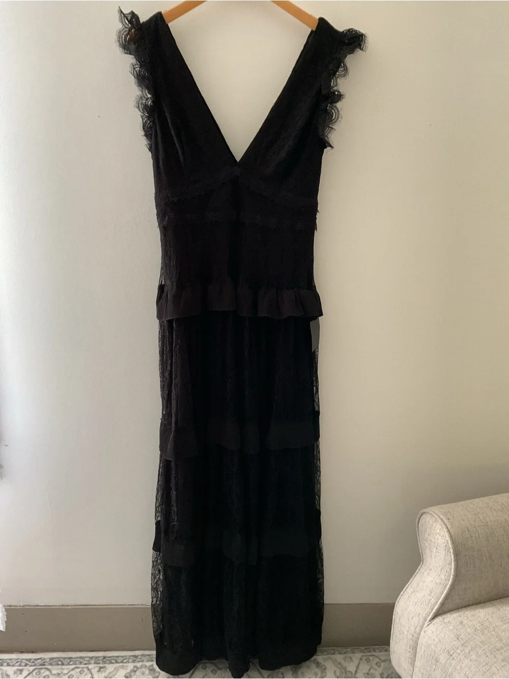 Lulus Marvelous Darling Black Crochet Lace Ruffled Tiered V-Neck Maxi Dress - Picture 4 of 16